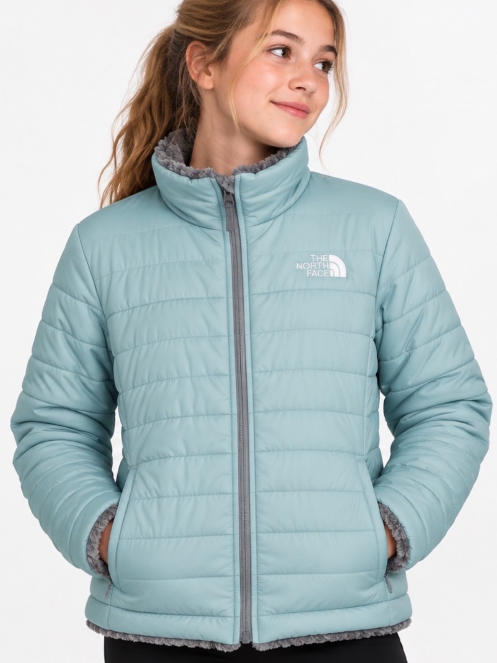 The North Face Mossbud Swirl Reversible Fleece Puffer Jacket Girls XL 18